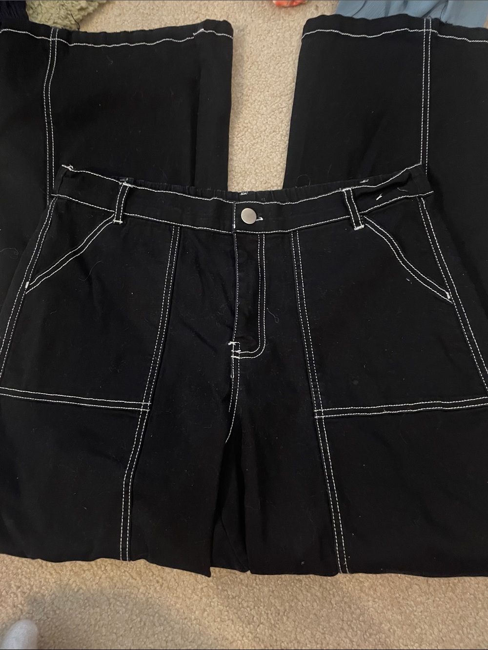 Black Wide-Leg Pants with White Contrast Stitching